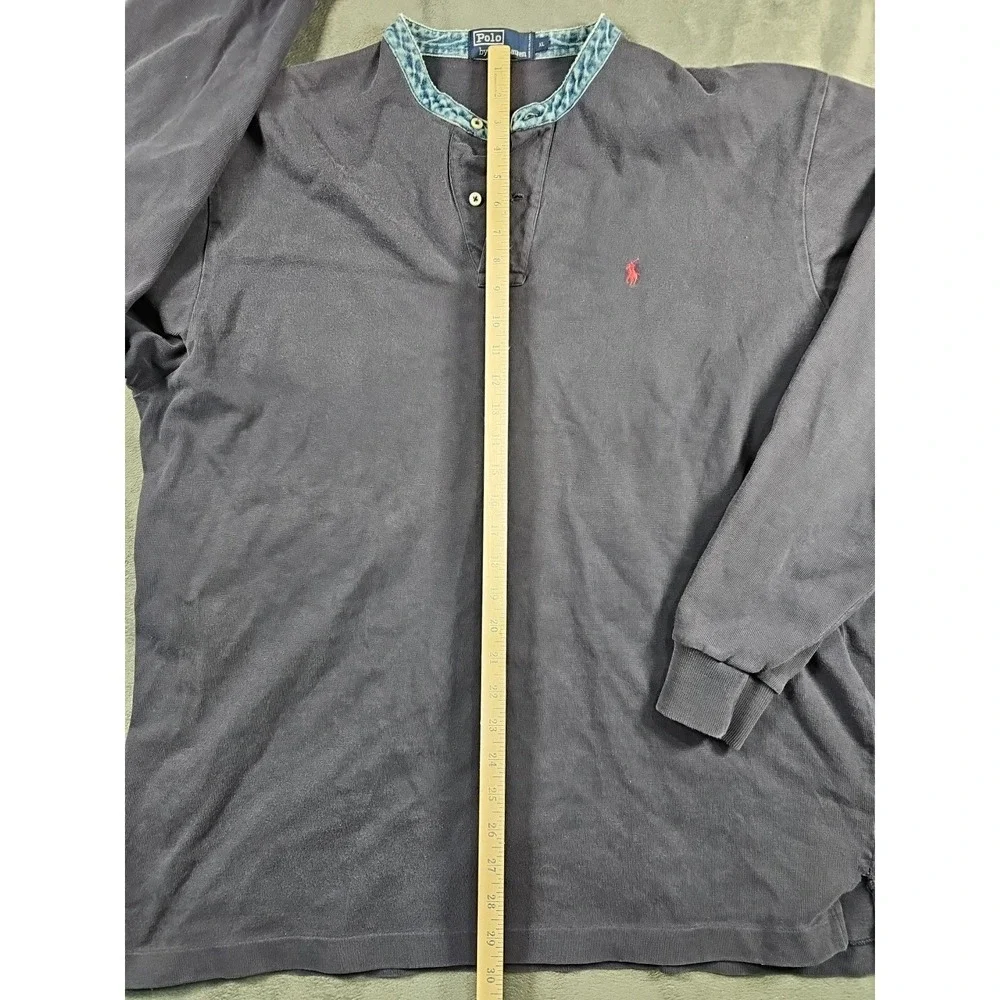 Polo by‎ Ralph Lauren Sweatshirt Denim Collar Navy Blue Red Pony Cotton Vtg